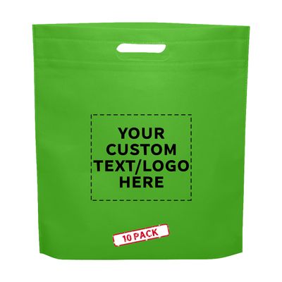DISCOUNT PROMOS 10 Exhibition Tote Bags Set - Customizable Text, Logo - Non-woven, Soft, Recyclable, Reusable - Lime Green 15"X16"2.5", Die-cut Handles