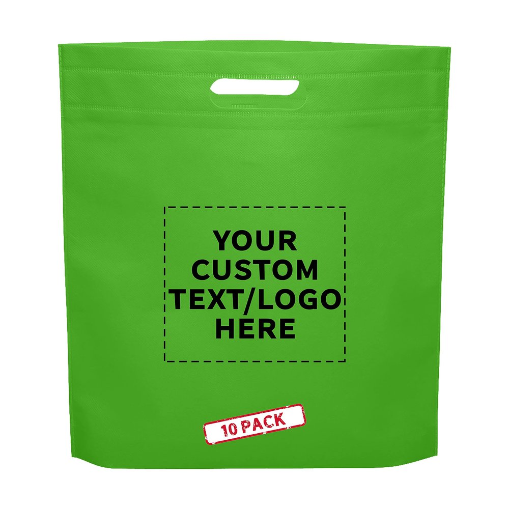 DISCOUNT PROMOS 10 Exhibition Tote Bags Set - Customizable Text, Logo - Non-woven, Soft, Recyclable, Reusable - Lime Green 15"X16"2.5", Die-cut Handles