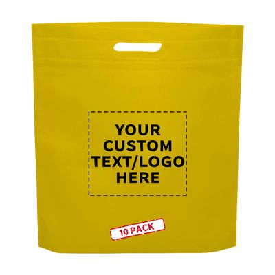 DISCOUNT PROMOS 10 Exhibition Tote Bags Set - Customizable Text, Logo - Non-woven, Soft, Recyclable, Reusable - Yellow 15"X16"2.5", Die-cut Handles