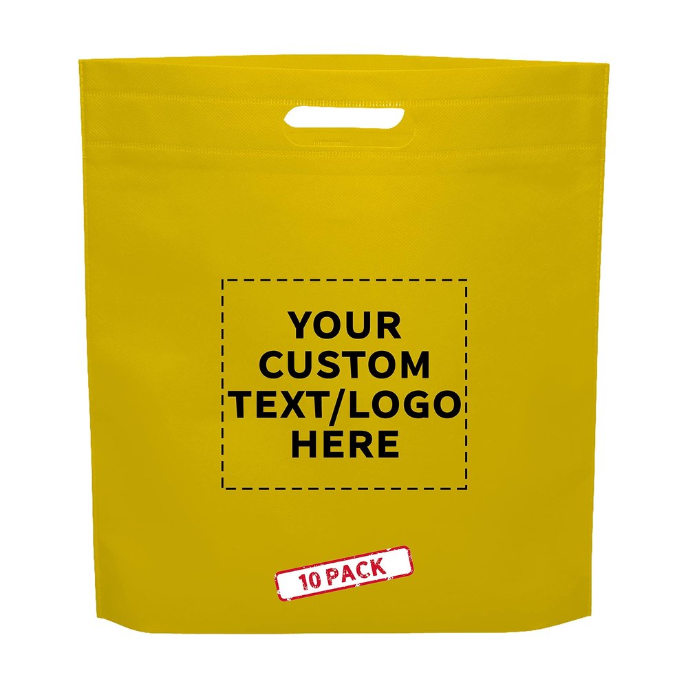 DISCOUNT PROMOS 10 Exhibition Tote Bags Set - Customizable Text, Logo - Non-woven, Soft, Recyclable, Reusable - Yellow 15"X16"2.5", Die-cut Handles