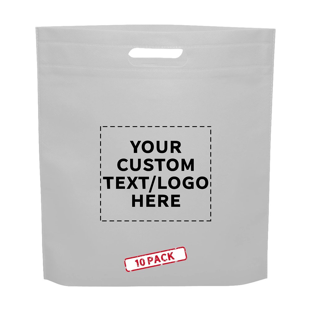DISCOUNT PROMOS 10 Exhibition Tote Bags Set - Customizable Text, Logo - Non-woven, Soft, Recyclable, Reusable - White 15"X16"2.5", Die-cut Handles