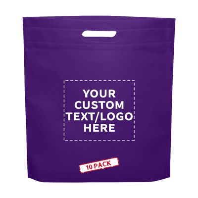 DISCOUNT PROMOS 10 Exhibition Tote Bags Set - Customizable Text, Logo - Non-woven, Soft, Recyclable, Reusable - Purple 15"X16"2.5", Die-cut Handles