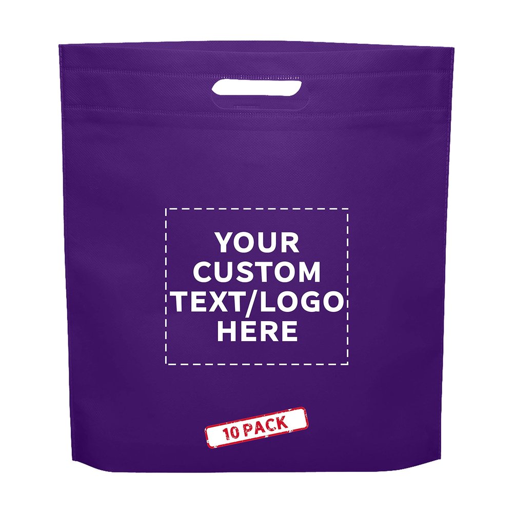 DISCOUNT PROMOS 10 Exhibition Tote Bags Set - Customizable Text, Logo - Non-woven, Soft, Recyclable, Reusable - Purple 15"X16"2.5", Die-cut Handles
