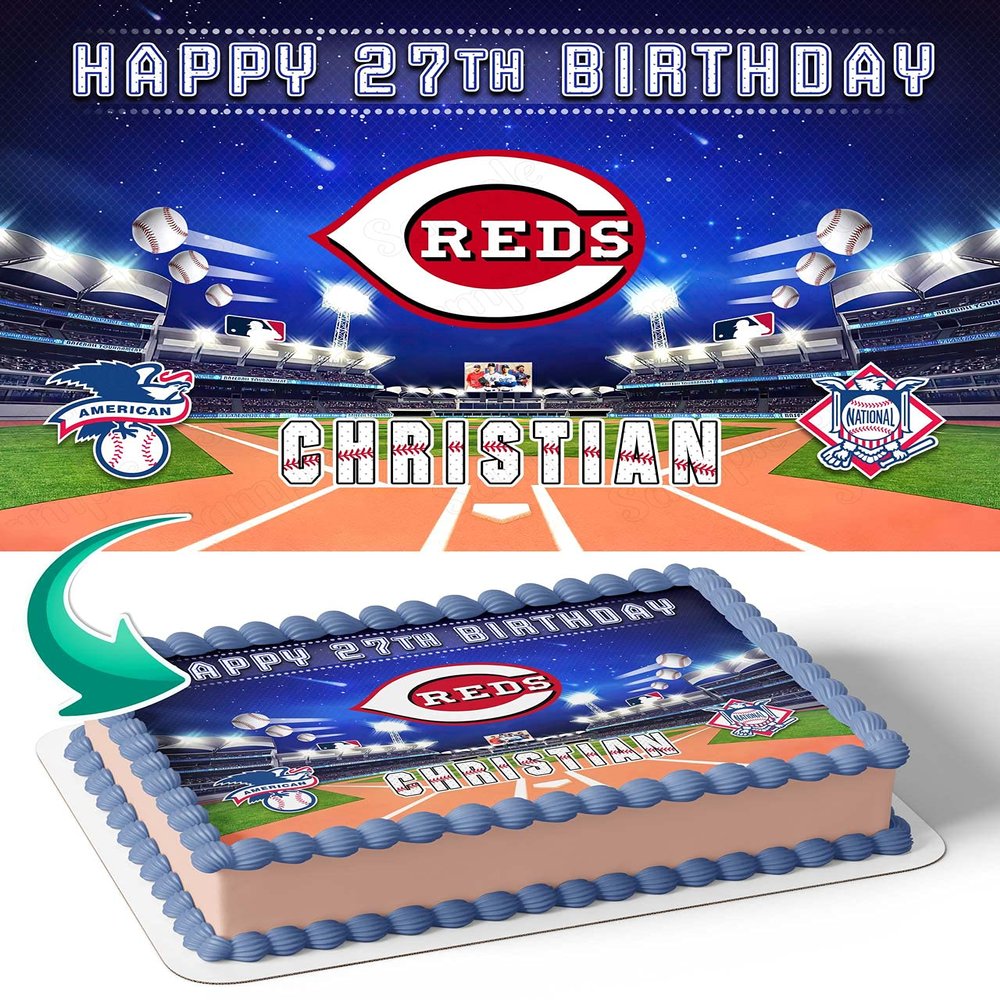 Cakecery Reds Baseball Edible Cake Image Topper Personalized Birthday Cake Banner 1/4 Sheet
