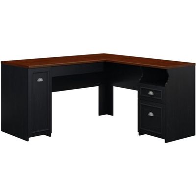 Atlin Designs Farmhouse L Shaped Wood Desk with Storage, Antique Black/Cherry Finish, 59 in Wide, Engineered Wood, Space-Saving Corner Office Desk with Adjustable Shelf and File Drawers for Home