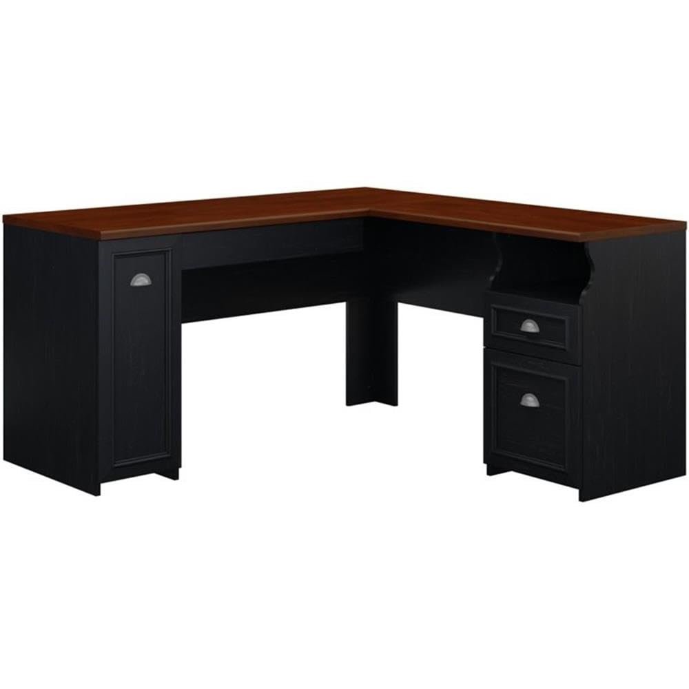 Atlin Designs Farmhouse L Shaped Wood Desk with Storage, Antique Black/Cherry Finish, 59 in Wide, Engineered Wood, Space-Saving Corner Office Desk with Adjustable Shelf and File Drawers for Home