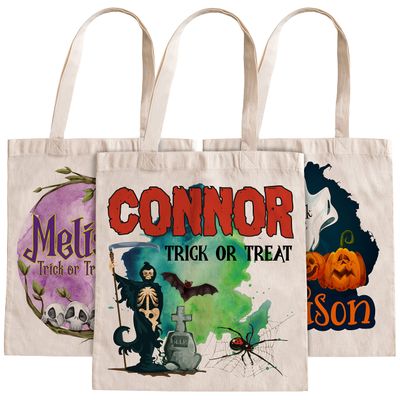Halloween Gifts for Kids, Personalized Trick or Treat Bags for Candy - 12 Optional Designs - Custom Halloween Tote Bags w/Name - Halloween Party Favor Supplies