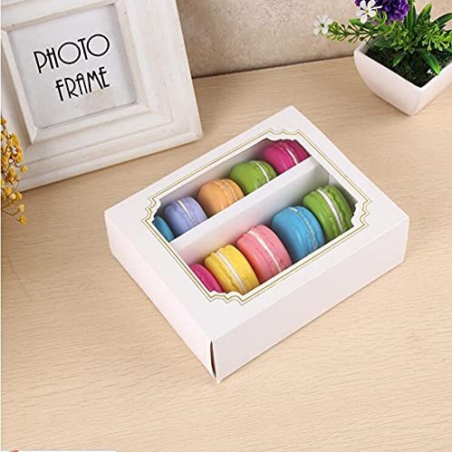Crysdaralovebi 10/20/30pcs Cookie Package The White Strip Hollow Macarons Box, Cake Box, Chocolate, Muffin Biscuits Box 2sizes (15.5x12.5x5.2cm,20pcs)