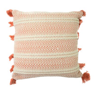 American Art Decor Hand-Woven Boho Moroccan Decorative Accent Square Small Throw Pillow with Tassels & Removable Cover for Bohemian Sofa, Couch, Bed, Living Room, Bedroom - Orange/Peach, 17" x 17"