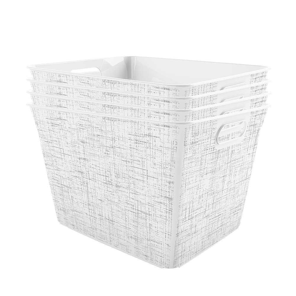 Curver Set of 4 Large V Baskets Decorative Plastic Organization and Storage Basket, White with Tweed Pattern