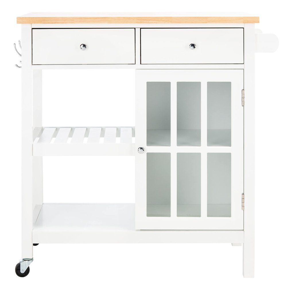 SAFAVIEH Home Collection Locklyn White/Natural 2-Drawer Storage Trolley Kitchen Cart with Wheels
