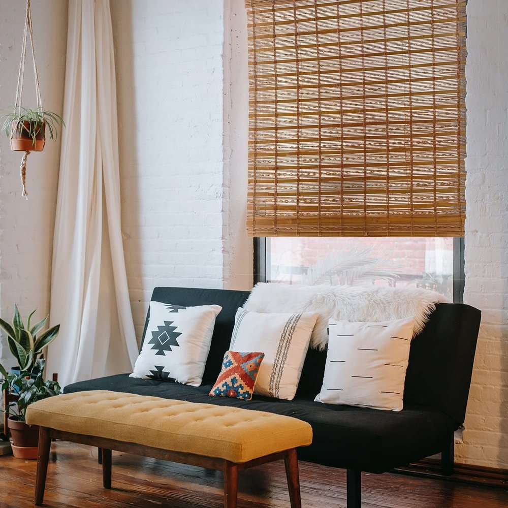 MOOD Custom Bamboo Shades | Twirl | Cordless Bamboo Roman Shades for Windows and Doors (Natural Woven) | Twirl Maple (Sheer) | 63.5" W X 72" H