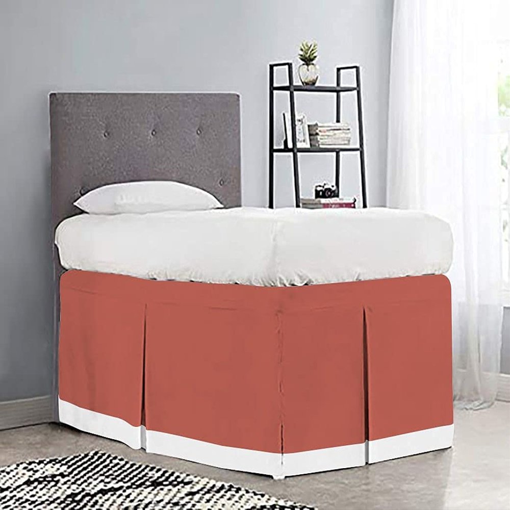100% Egyptian Cotton, 800 Thread Count, Brick Red/White Split Corner Two Tone Tailored Dorm Room Bed Skirt with Three Side Coverage in - Twin XL Size (39" x 80"+ 48" inch)
