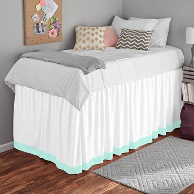100% Egyptian Cotton, 800 Thread Count, White/Aqua Blue Split Corner Two Tone Ruffle Dorm Room Bed Skirt with Three Side Coverage in - Full Size (54" x 80"+ 60" inch)