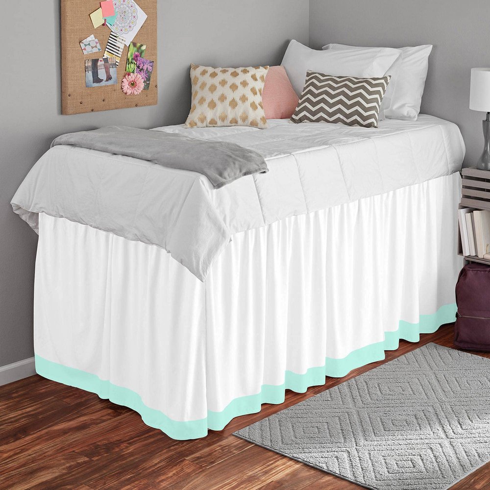 100% Egyptian Cotton, 800 Thread Count, White/Aqua Blue Split Corner Two Tone Ruffle Dorm Room Bed Skirt with Three Side Coverage in - Full Size (54" x 80"+ 60" inch)