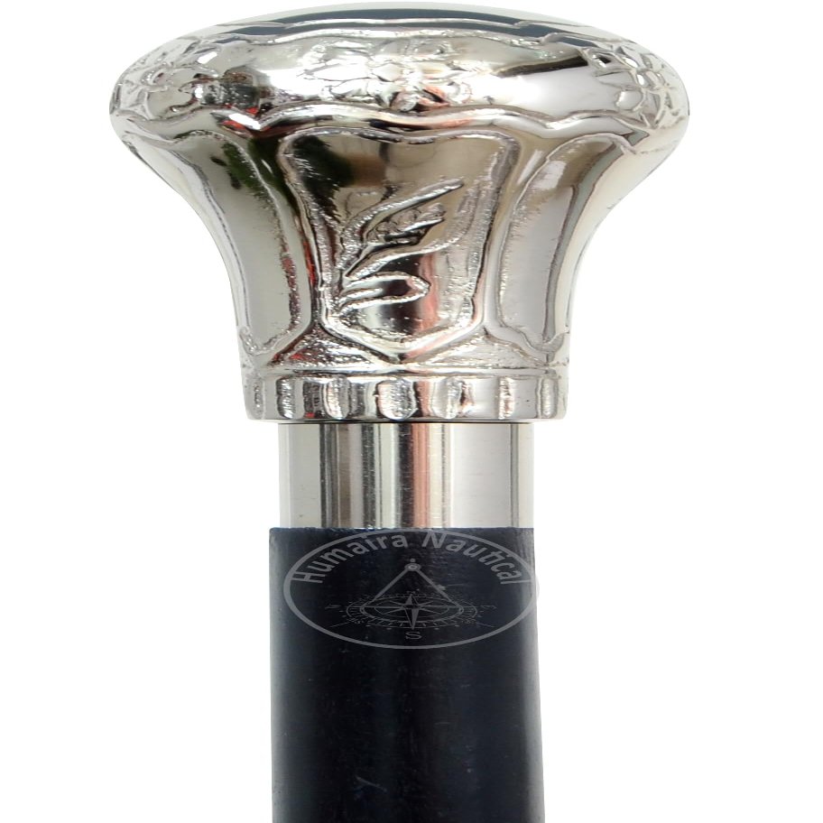 Humaira Nautical Chrome Plated Brass Knob - Walking Cane - 36" - Chrome/Black
