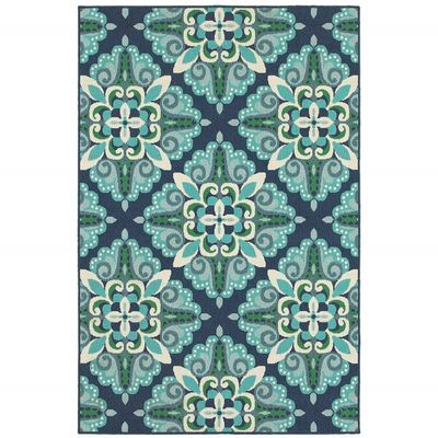 HomeRoots Polypropylene 5x8 Blue and Green Floral Indoor Outdoor Area Rug