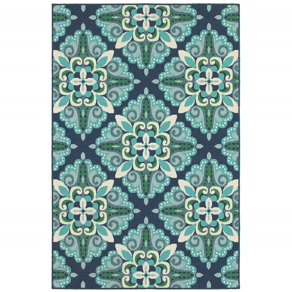 HomeRoots Polypropylene 5x8 Blue and Green Floral Indoor Outdoor Area Rug