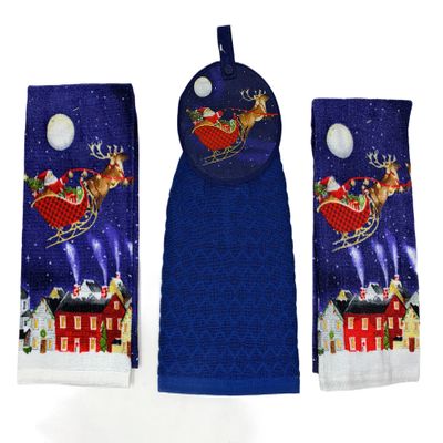Northeast Home Goods Santa and His Sleigh Cotton Tie Top Kitchen Towel Set, 3-Piece Set