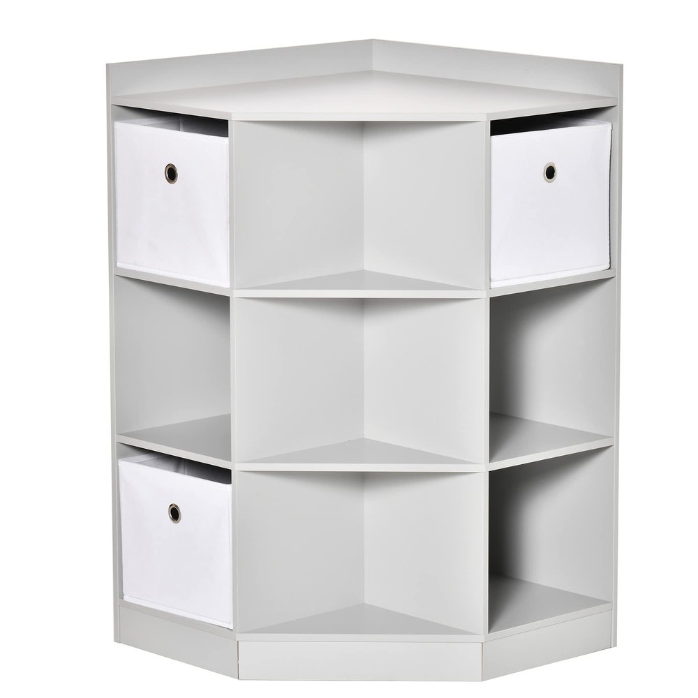 HOMCOM Kids Corner Cabinet, Cubby Toy Storage Organizer, Bookshelf Unit with Three Baskets for Playroom, Bedroom, Living Room, Grey