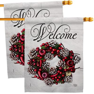 Winter Berries Wreath House Flags 2 pcs Pack Wintertime Wonderland Snowflake Snowman Ice Skate Season Snow Small Decorative Gift Yard Banner Double-Sided Made In USA 28 X 40