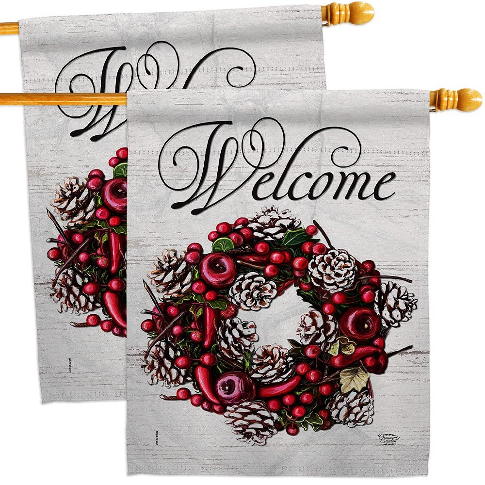 Winter Berries Wreath House Flags 2 pcs Pack Wintertime Wonderland Snowflake Snowman Ice Skate Season Snow Small Decorative Gift Yard Banner Double-Sided Made In USA 28 X 40