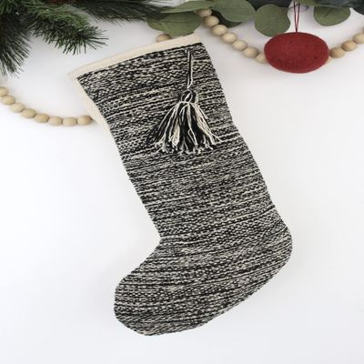 Casa Boho Boho Christmas Stocking - Black & Beige Tassel Neutral Christmas Decor