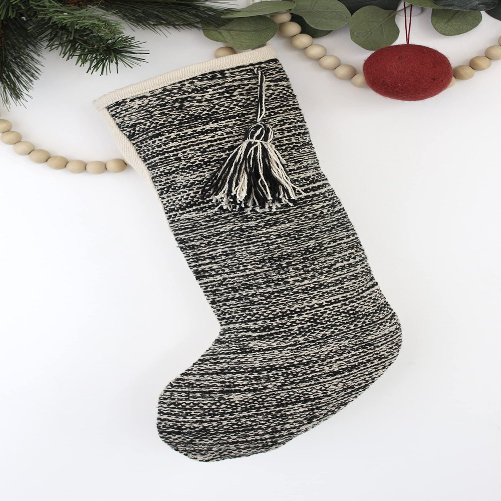 Casa Boho Boho Christmas Stocking - Black & Beige Tassel Neutral Christmas Decor