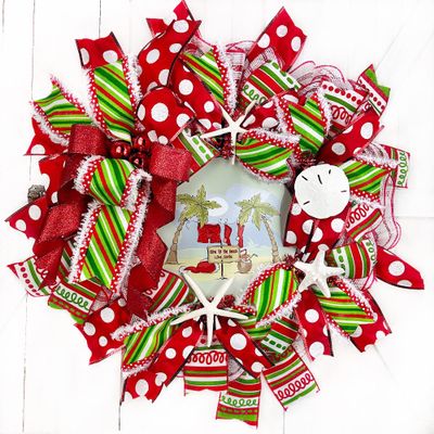 Artisan Coastal, Beach, Nautical Gone to the Beach Love Santa Christmas Wreath, Sand Dollar, Starfish, Bow
