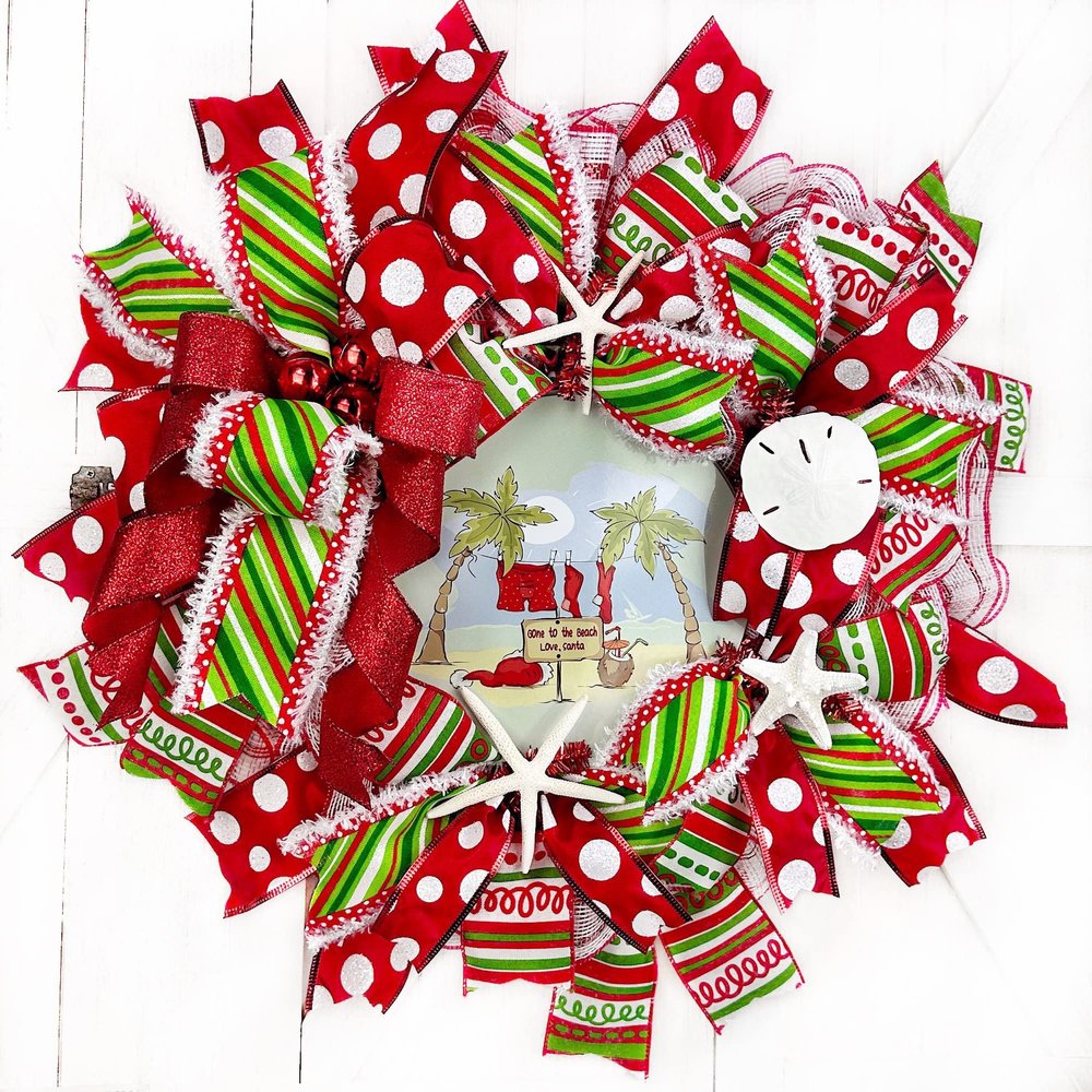 Artisan Coastal, Beach, Nautical Gone to the Beach Love Santa Christmas Wreath, Sand Dollar, Starfish, Bow