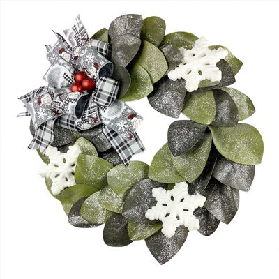 20 Christmas Vintage Magnolia Leaf Wreath with Snowflakes and Handmade Bow, Christmas Decorations,Magnolia Decorations