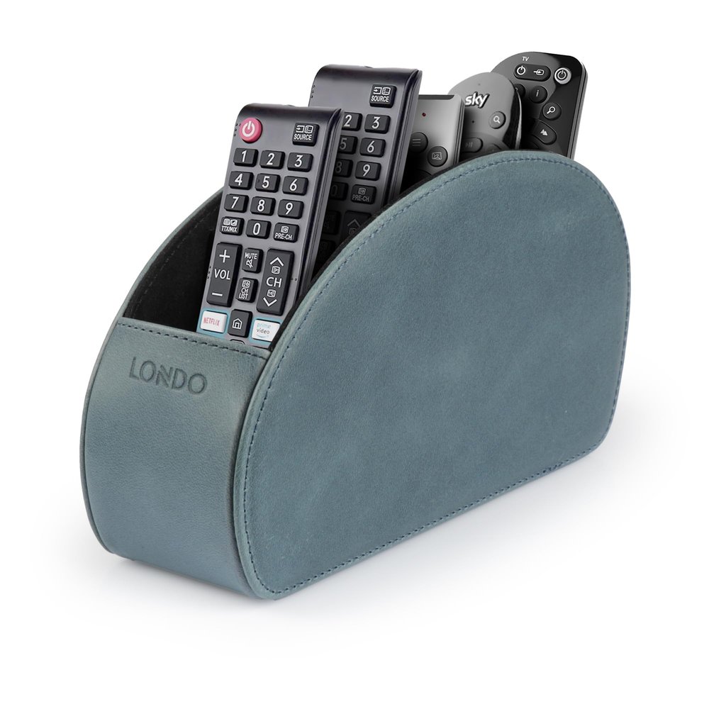 Londo Remote Control Holder with 5 Pockets - Store DVD, Blu-Ray, TV, Roku or Apple TV Remotes - Italian Genuine Leather with Suede Lining - Slim, Compact Living or Bedroom Storage