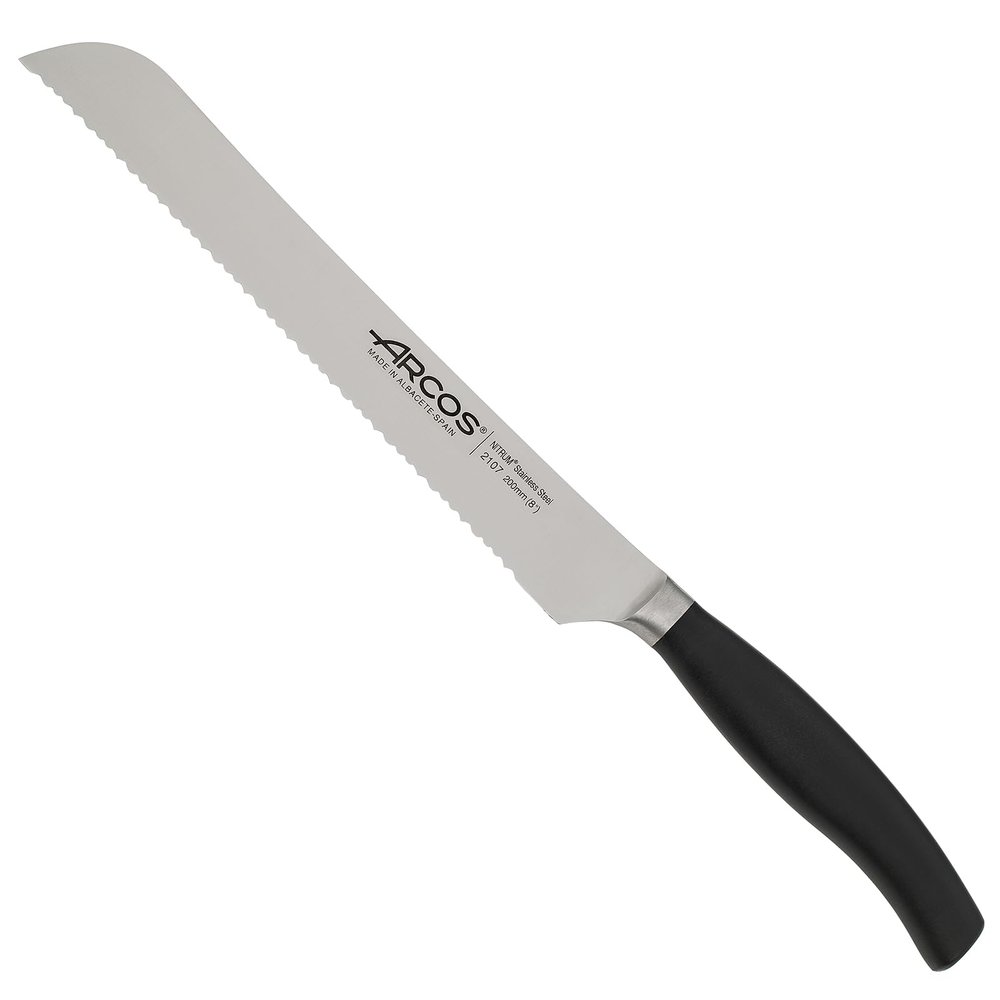 ARCOS Bread Knife 8 Inch Serrated Nitrum Stainless Steel and 200 mm blade. Kitchen Knife. Ergonomic Polyoxymethylene POM Handle. Provides strength and durability in cutting. Series Clara. Color Black.