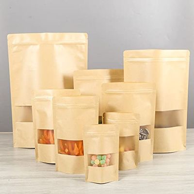 Crysdaralovebi 100pcs Standup Kraft Paper Bag with matt Window and Zipper for Food, Paper ziplock Bag (18X26cm)