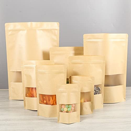 Crysdaralovebi 100pcs Standup Kraft Paper Bag with matt Window and Zipper for Food, Paper ziplock Bag (18X26cm)