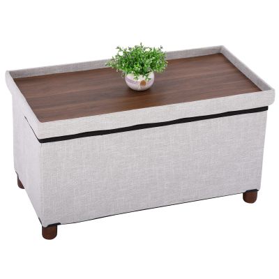 Ao Lei 30 Inches Storage Ottoman Bench, Storage Bench with Wooden Legs for Living Room Folding Ottoman Foot Rest Removeable Lid for Bedroom End of Bed, Linen Fabric