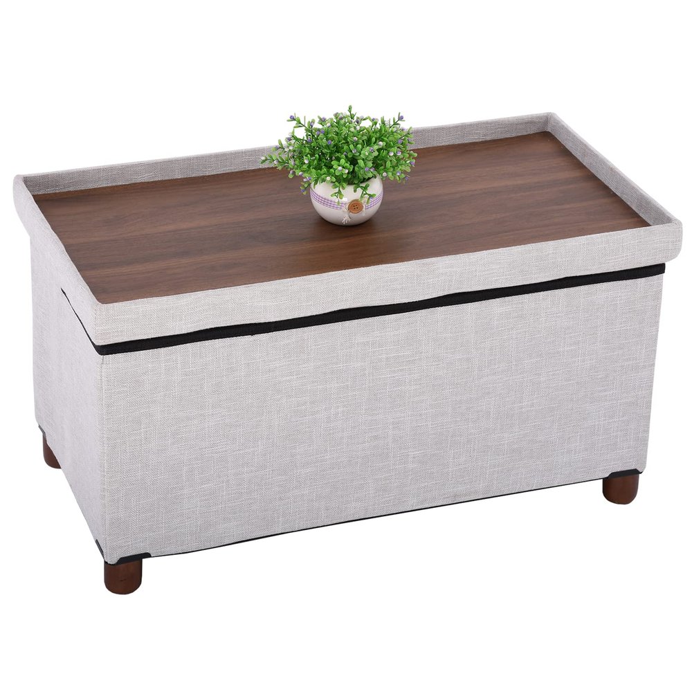Ao Lei 30 Inches Storage Ottoman Bench, Storage Bench with Wooden Legs for Living Room Folding Ottoman Foot Rest Removeable Lid for Bedroom End of Bed, Linen Fabric