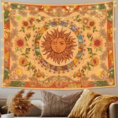Accnicc Yellow Sun and Moon Tapestry Vintage Indie Boho Tapestry Wall Hanging with Sunflowers Butterfly Moth Constellation Aesthetic Wall Tapestries for Bedroom Dorm Living Room (Orange, 70.8'' 
