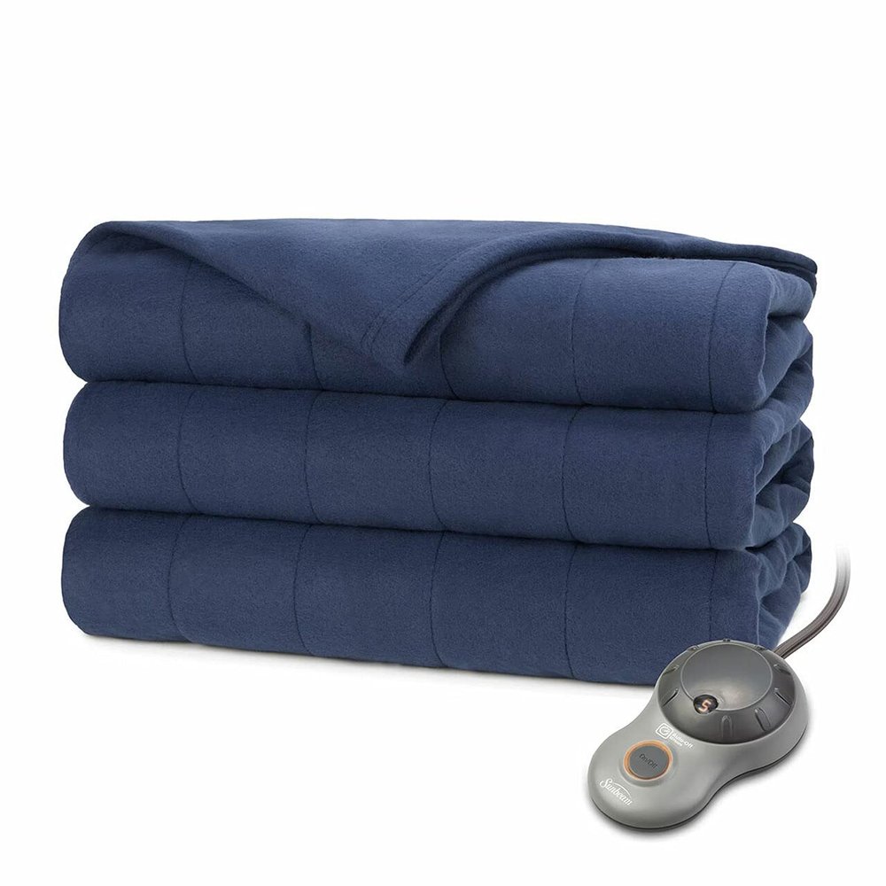 Sunbeam Queen Luxurious Velvet Electric Heated Blanket with 10 Heat Settings 2-Controllers and Machine Washable, 84" x 90", Blue