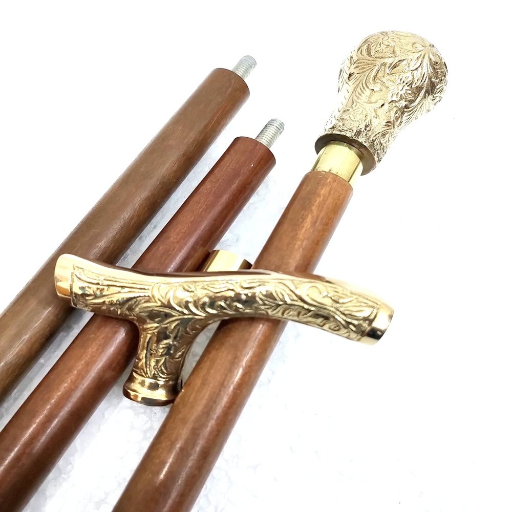 Vimal Nautical Brown & Golden Solid Brass Round Designer Handle for Walking Stick Canes 3 Fold
