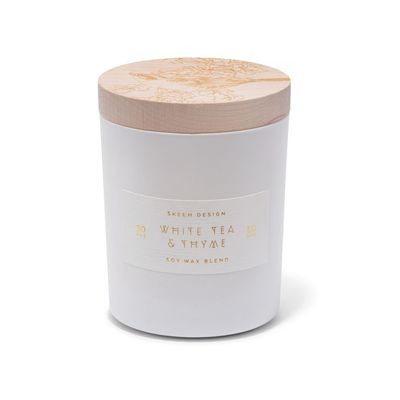 Skeem Print Block White Tea and Thyme Scented Candle - Tea Leaves, Thyme, Jasmine & Lemon Blend - Soy Wax, All Natural Oils - Aromatherapy Candle