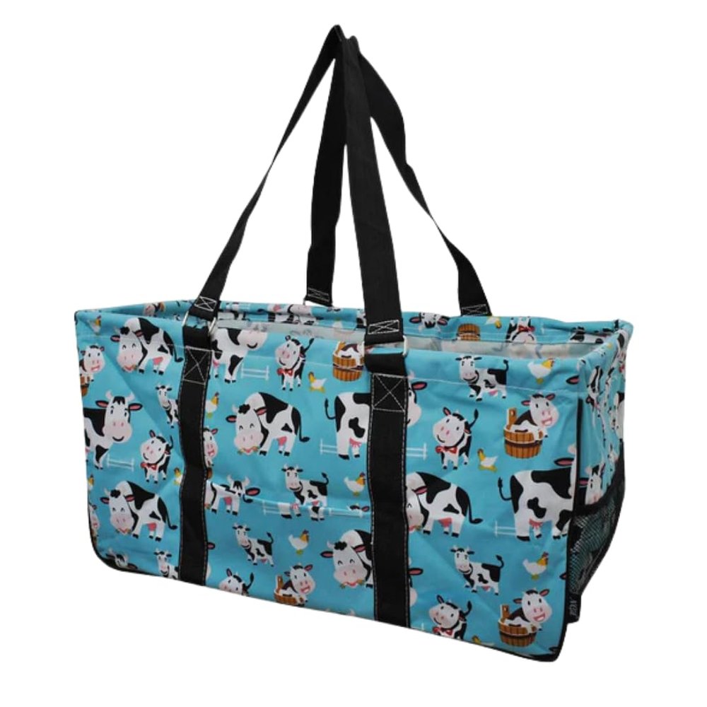 NGIL Extra Large Utility Tote Reusable Grocery Bag Oversized Collapsible for Groceries, Storage, Picnic, Beach (Cow in Town-Black)