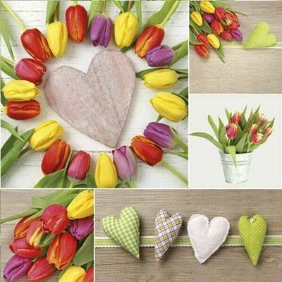 Set of 20 Individual Decoupage Paper Party Napkin Tulips Heart Watercolor Decor Luncheon Napkins for a Birthday Holiday, Wedding, Cocktail Party