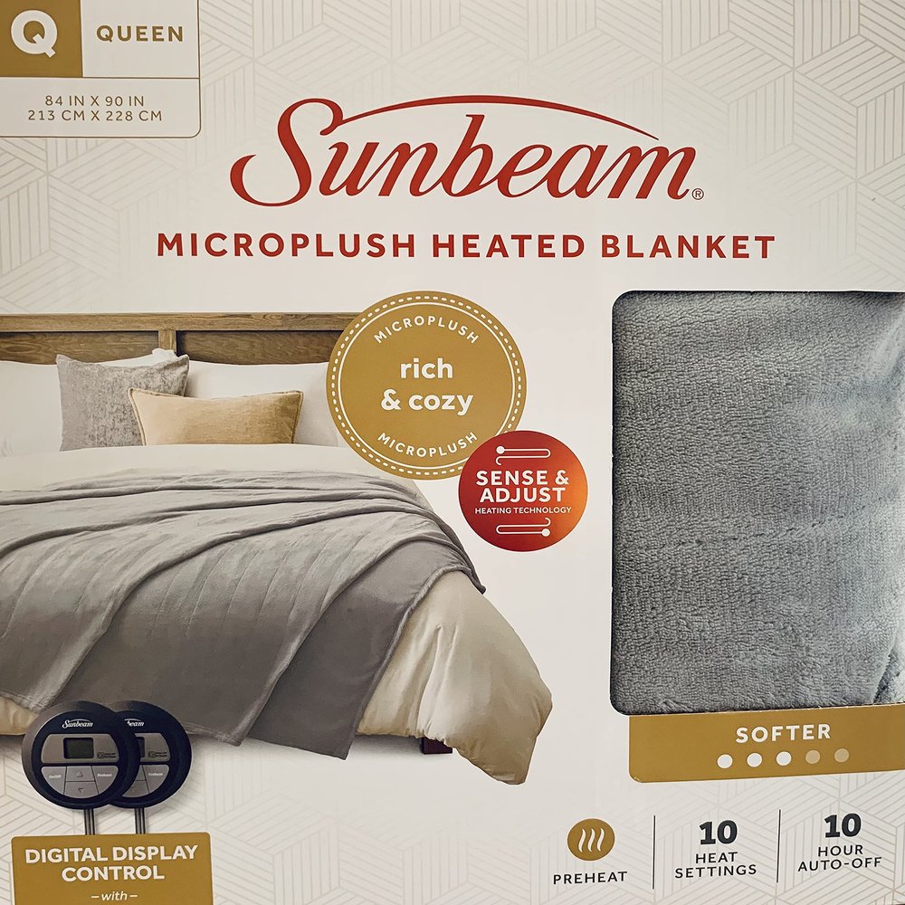 Sunbeam Queen Microplush Electric Heated Blanket with 10 Heat Settings, Preheat Feature, 2 Personalized Controllers, UL Certified (Gray)