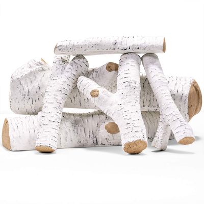 Barton 6Pc Ceramic Log Set Birch Wood Style w/Stackable Gas Heat Resistant Outdoor Indoor Fireplace Fire Wood Fake Realistic