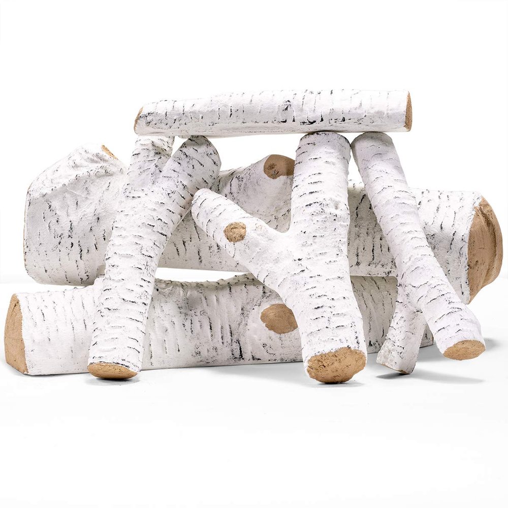 Barton 6Pc Ceramic Log Set Birch Wood Style w/Stackable Gas Heat Resistant Outdoor Indoor Fireplace Fire Wood Fake Realistic