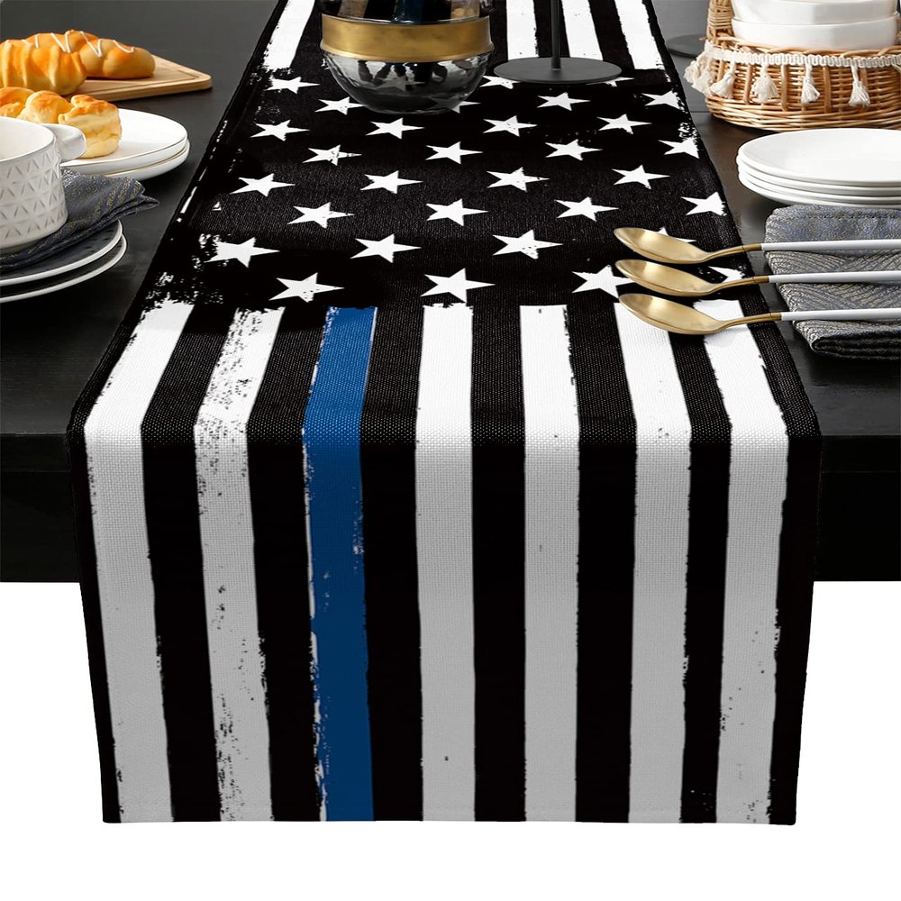 Thin Blue Line Table Runners Burlap-Cotton Runner 120 Inche Long, American USA Flag Enforcement Farmhouse Table Runners, Blue Stripes Outdoor Dining Tablecloths Decor for Party/Wedding 13x120