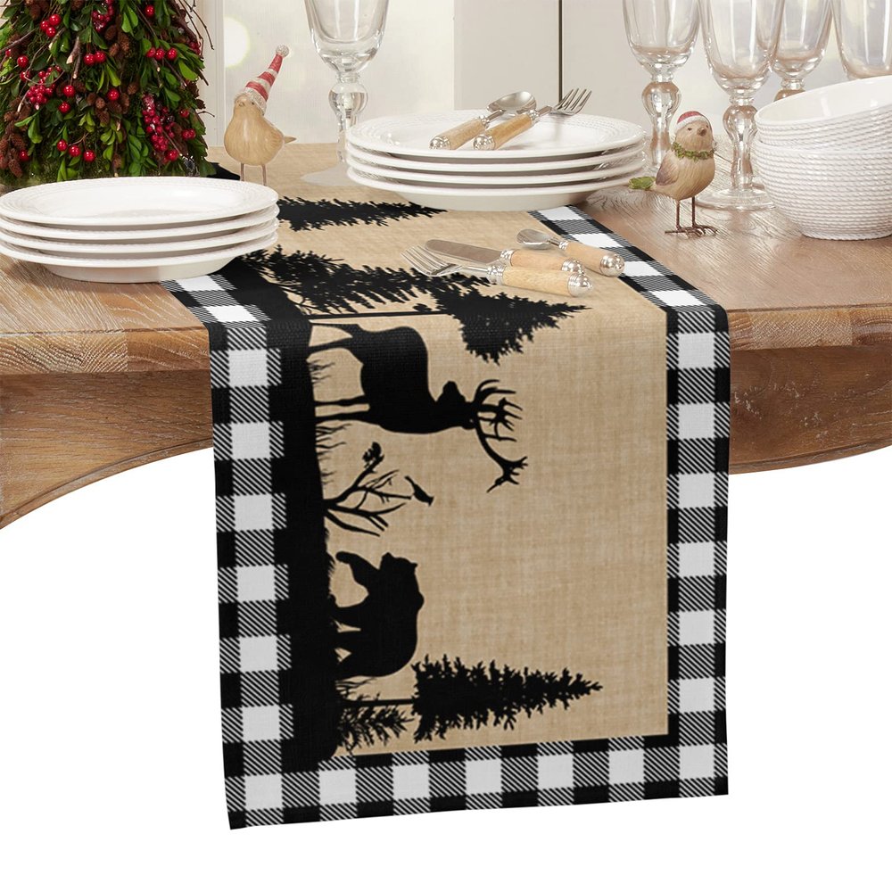 AMZRicher Christmas Buffalo Plaid Table Runners Burlap-Cotton Runner 120 Inche Long, Forest Winter Polar Bear Farmhouse Rustic Table Runners, Outdoor Dining Tablecloths Decor for Party/Wedding 13x120
