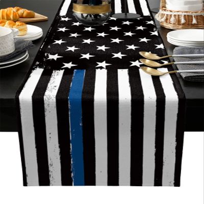 Thin Blue Line Table Runners Burlap-Cotton Runner 72 Inche Long, American USA Flag Enforcement Farmhouse Table Runners, Blue Stripes Outdoor Dining Tablecloths Decor for Party/Wedding 13x72