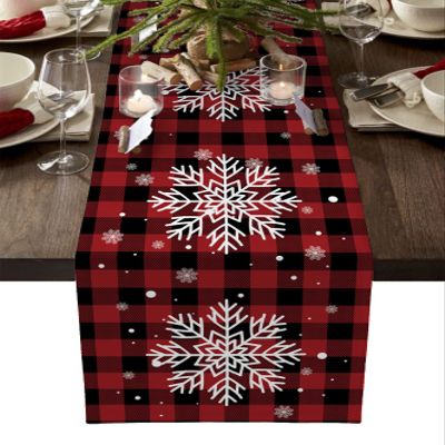 Christmas White Snowflake Table Runners Burlap-Cotton Runner 120 Inche Long, Red and Black Buffalo Plaid Farmhouse Holiday Table Runners, Outdoor Dining Tablecloths Decor for Party/Wedding 13x120
